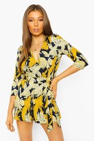 Thumbnail for your product : boohoo Leaf Print Wrap Belted Playsuit