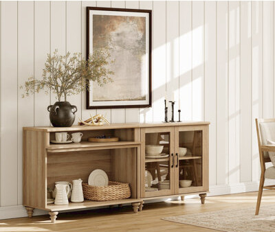Charlton Home Sideboard Cabinet With 2 Glass Doors And 2 Open Shelves, Vintage Wood Grain Design, Buffet Cabinet With Storage, Coffee Bar For Dinning Room, Kitchen,