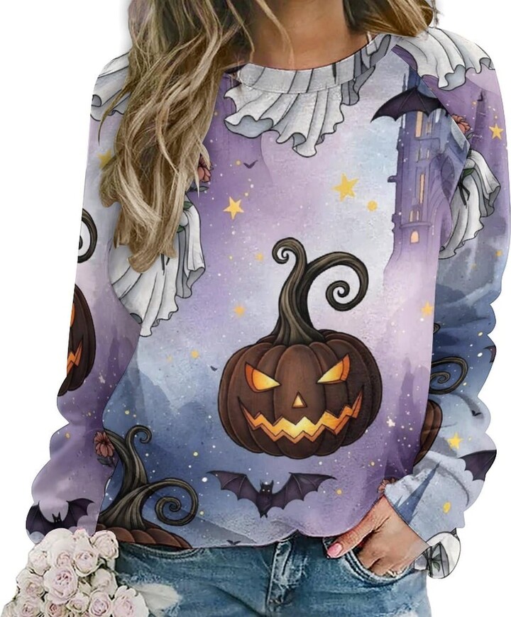 OBLUE Halloween Ghost Pumpkin Black Cat Bat Womens Sweatshirt Crew Neck Long Sleeve Tops Casual Loose Shirts 2XL