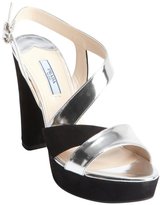 Thumbnail for your product : Prada black and silver patent leather strappy suede heel sandals