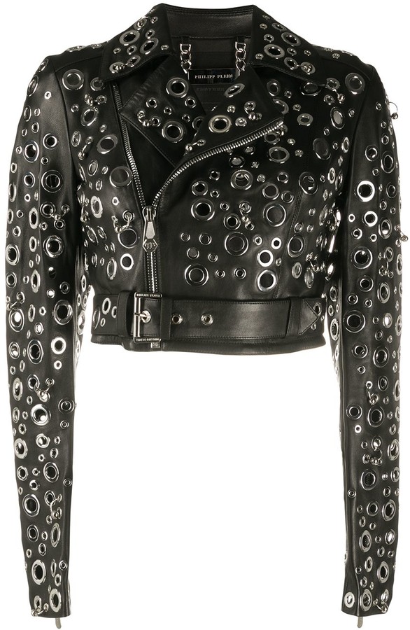 Philipp Plein Eyelet Embellished Leather Jacket - ShopStyle