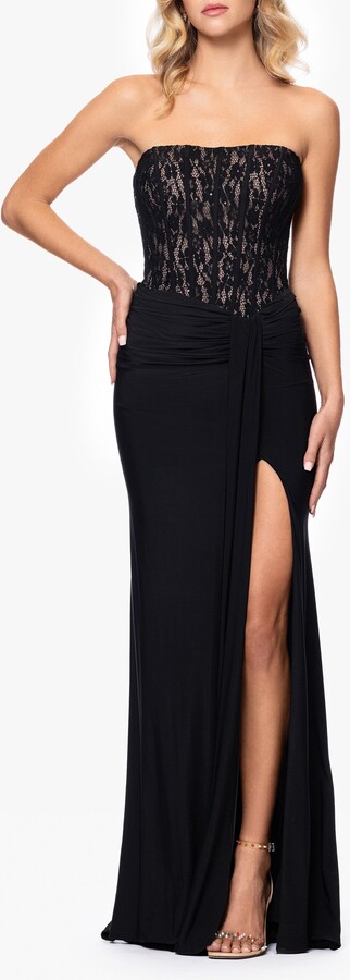 Betsy & Adam Sequin Lace Bodice Strapless Gown