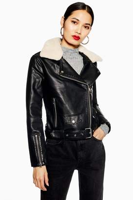 Topshop Womens Borg Collar Faux Leather Biker Jacket - Black