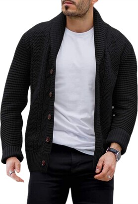 Gemijacka Mens Thick Shawl Collar Cardigan Sweater Double Breasted Stripe Cable Knit Sweater Jacket