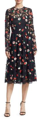 Lela Rose Long Sleeve Floral Lace Midi Dress