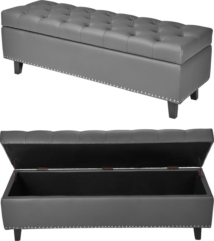 KFFKFF Button-Tufted Storage Ottoman Bench, PU Leather Seat with Solid Wood Legs, Modern Upholstered Bench for Entryway, Bedroom, Living Room, or Dining Room, Gray