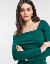Thumbnail for your product : ASOS DESIGN bare shoulder wrap pencil midi dress in forest green