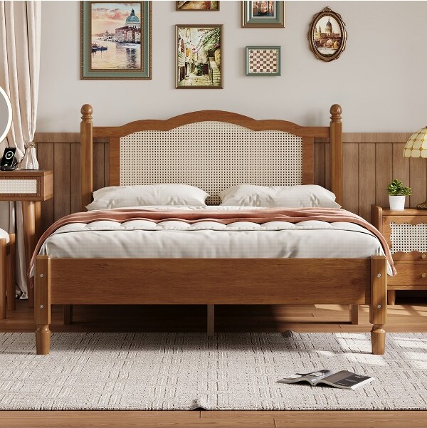 VASIPFullSizeSolidWoodPlatformBedwithRattanHeadboardVintageBedFrameforMasterGuest&ApartmentBedroomsWalnut