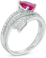 Thumbnail for your product : Zales 7.0mm Heart-Shaped Lab-Created Ruby and 3/8 CT. T.W. Diamond Arrow Wrap Ring in Sterling Silver