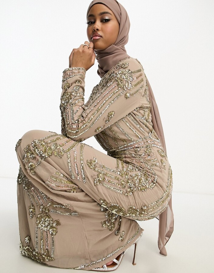 ASOS DESIGN double layer embellished maxi dress with floral embellishment  in taupe - ShopStyle