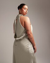 Thumbnail for your product : ASOS Curve ASOS DESIGN Bridesmaid Curve satin ruched halter neck maxi dress in sage green