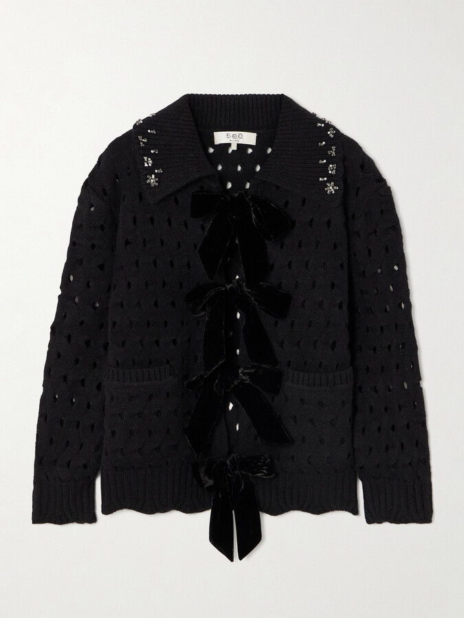 Sea Leia Embellished Velvet-trimmed Open-knit Wool Cardigan - Black