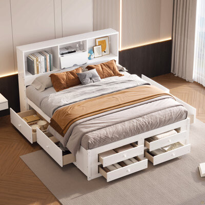 Ebern Designs King Size Platform Bed With Storage Headboard And 8 Drawers