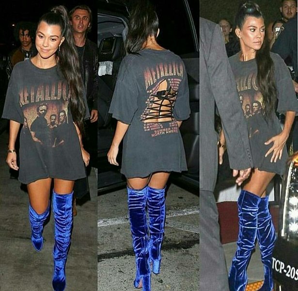 Kourtney Kardashian in Metallica dress T-Shirt & Thigh High Boots