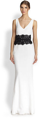 David Meister Belted Lace & Crepe Gown