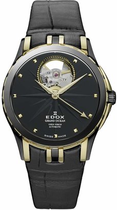 Edox Men's 85012 357JN NID Grand Ocean Automatic Gold PVD Black Leather Window Watch