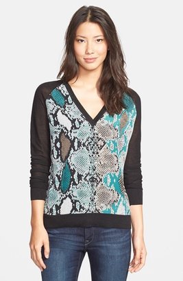 Adrianna Papell Snakeskin Print Front Mixed Media Top