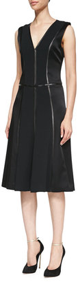 J. Mendel Sleeveless V-Neck Dress with Leather Trim