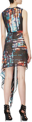 McQ Sleeveless Asymmetric Printed Silk Dress, Blurry Light