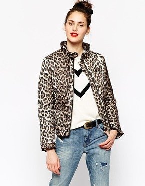 Love Moschino Leopard Bomber Jacket with Frill Collar and Hem - Leopard