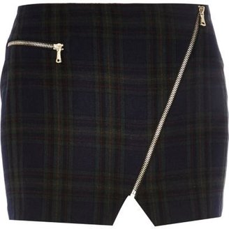 River Island Dark green tartan asymmetric zip mini skirt