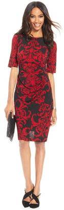 Connected Scroll-Print Side-Pleat Sheath