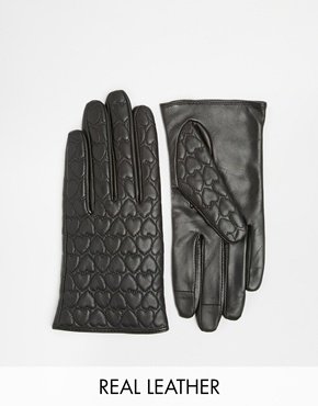 ASOS Leather Gloves With Heart Quilted And Touch Screen Detail - Black