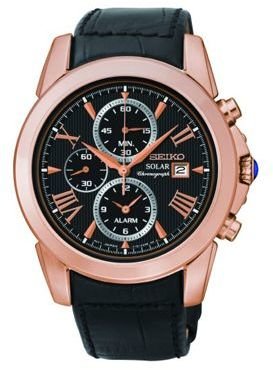 Seiko Men's rose gold solar chronograph  watch with leather strap