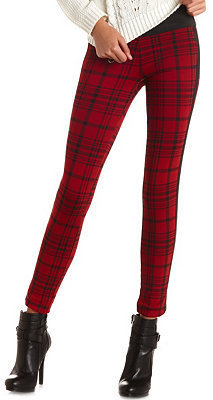 Charlotte Russe Faux Leather-Striped Plaid Skinny Pants