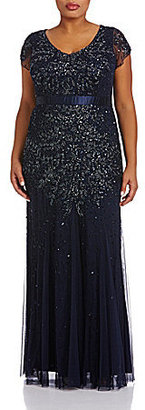 Adrianna Papell Plus Cap-Sleeve Beaded Gown