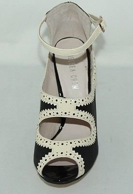 Escada Chelsea Crew Peep Toe Pump, Two Toned Heels with Buckle & Ankle Strap