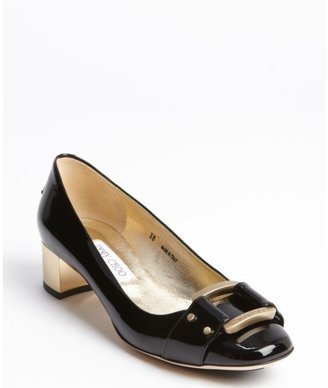 Jimmy Choo black patent leather gold heel and buckle detail pumps