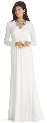 White House Black Market Long Sleeve Embroidered Ecru Keyhole Gown