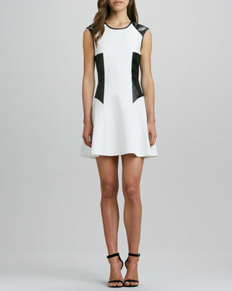 Tibi Colorblock Knit/Faux-Leather Fit-and-Flare Dress