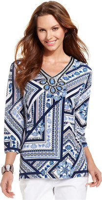 JM Collection Beaded Scarf-Print Top