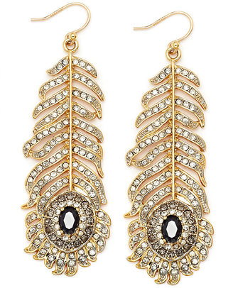 Juicy Couture Earrings, Gold-Tone Clear and Jet Crystal Feather Drop Earrings