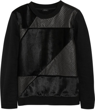 Theory Leather and calf hair-paneled cotton-blend sweatshirt