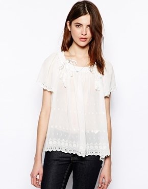 French Connection Fifi Fleur Fan Scoop Neck Top - Winter white