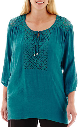 JCPenney Alyx 3/4-Sleeve Lace-Trim Gauze Peasant Top with Cami - Plus