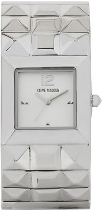 Steve Madden Women's Silver-Tone Pyramid Studded Black Strap Watch 28mm SMW00057-01