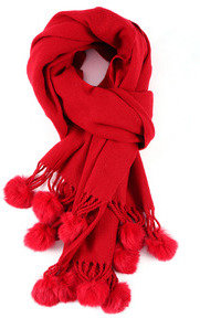 Solid Red Scarf with Fluffy Balls