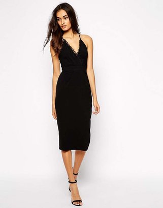 Oh My Love Midi Bodycon Dress With Lace Plunge Neck And Open Lace Back