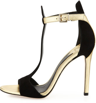 Brian Atwood B by Leigha Metallic & Suede T-Strap Sandal, Black/Gold