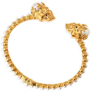 Alexander McQueen Hinged Pearl Skull Bracelet, Golden