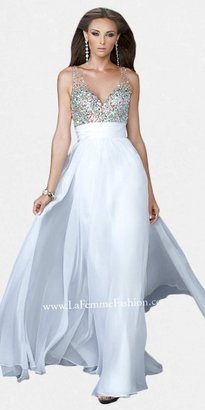 La Femme Elegant Rhinestone Bodice Sheer Strap Prom Dresses