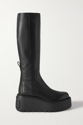 Valentino Garavani 85 Logo-embossed Leather Platform Knee Boots - Black