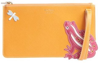 Ferragamo tangerine and fuchsia leather frog and dragonfly print clutch