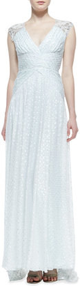 Badgley Mischka Sleeveless Beaded-Shoulder Burnout Gown, Mint White