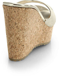 Jimmy Choo Perfume Metallic Leather Cork Wedge Sandals