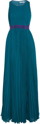 Halston Color-block pleated chiffon gown